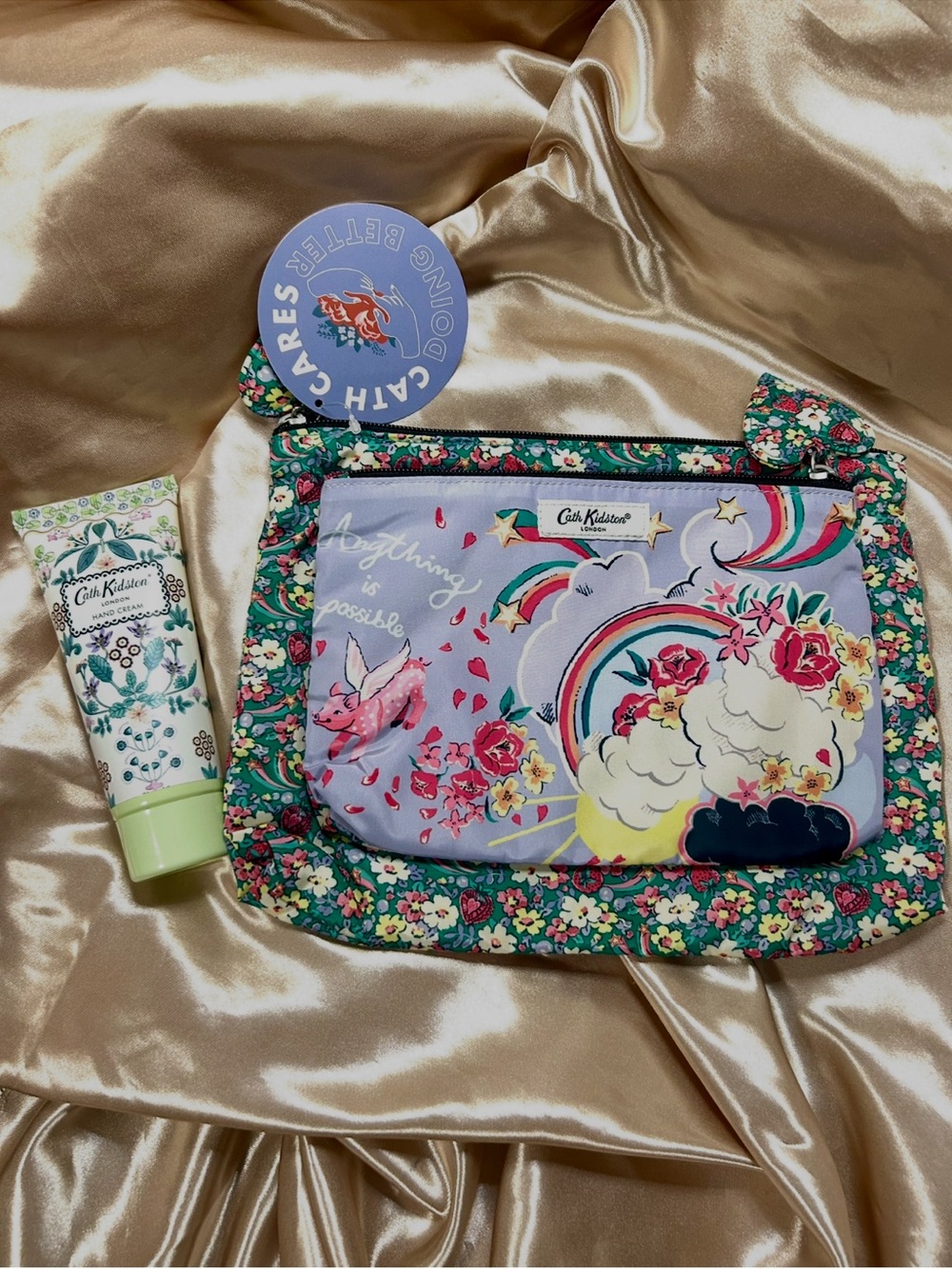 Cath Kidston Flying Pigs Anything Is Possible Pouch Set +woven flower Hand Cream